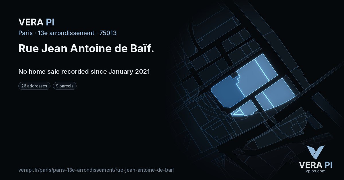 Rue Jean Antoine de Baïf, 13e arrondissement at night – every parcel coloured by the prices around it, the street's own parcels lit
