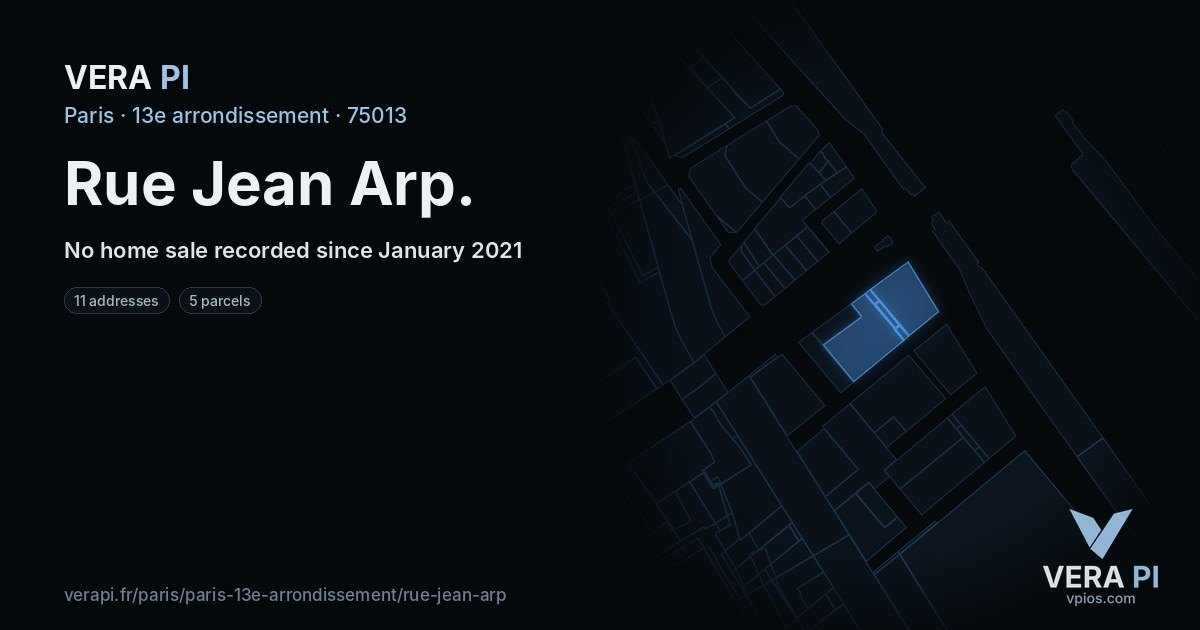 Rue Jean Arp, 13e arrondissement at night – every parcel coloured by the prices around it, the street's own parcels lit