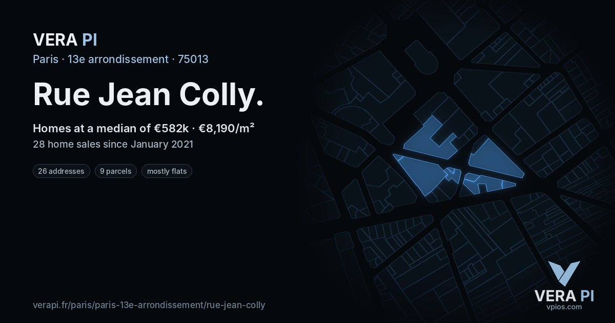 Rue Jean Colly, 13e arrondissement at night – every parcel coloured by the prices around it, the street's own parcels lit