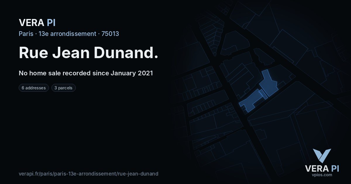 Rue Jean Dunand, 13e arrondissement at night – every parcel coloured by the prices around it, the street's own parcels lit