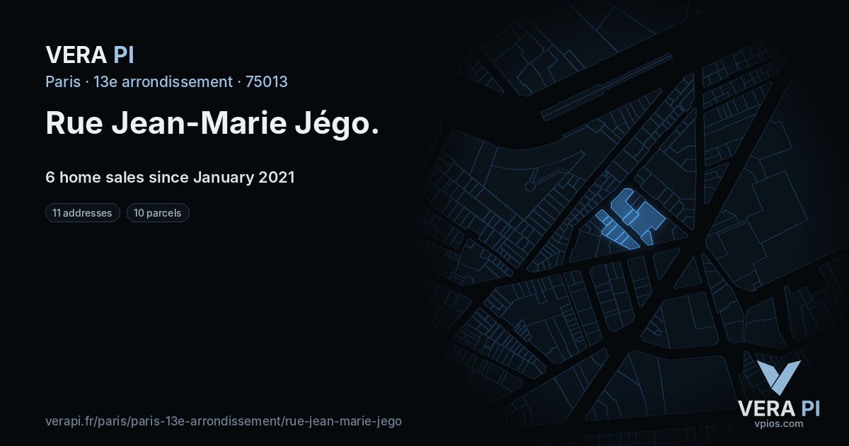 Rue Jean-Marie Jégo, 13e arrondissement at night – every parcel coloured by the prices around it, the street's own parcels lit