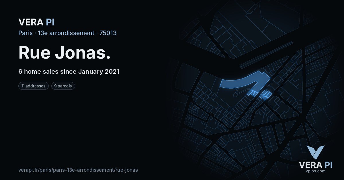 Rue Jonas, 13e arrondissement at night – every parcel coloured by the prices around it, the street's own parcels lit