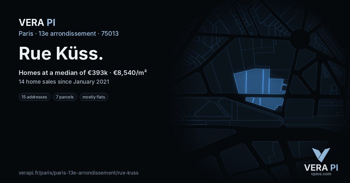 Rue Küss, 13e arrondissement at night – every parcel coloured by the prices around it, the street's own parcels lit