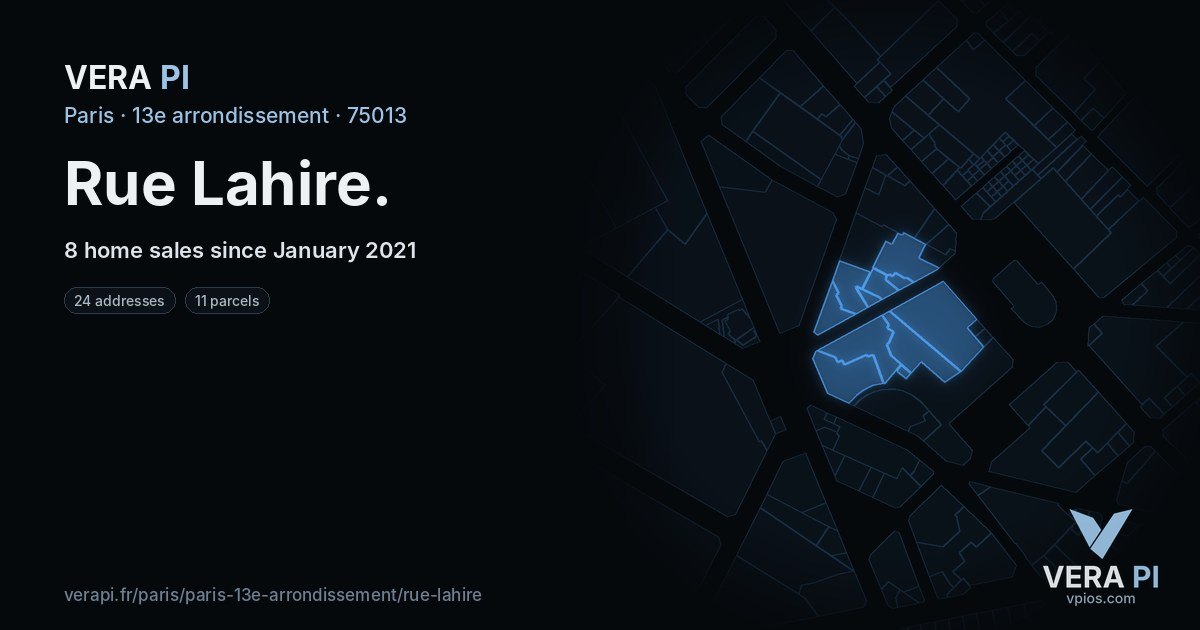 Rue Lahire, 13e arrondissement at night – every parcel coloured by the prices around it, the street's own parcels lit