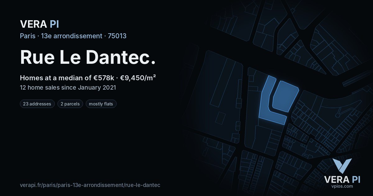 Rue Le Dantec, 13e arrondissement at night – every parcel coloured by the prices around it, the street's own parcels lit
