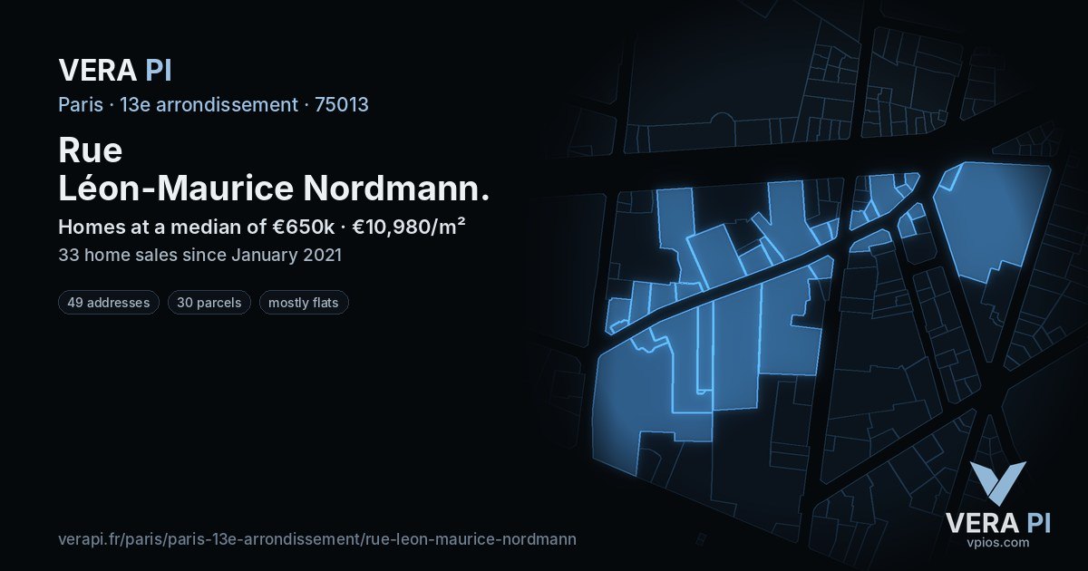 Rue Léon-Maurice Nordmann, 13e arrondissement at night – every parcel coloured by the prices around it, the street's own parcels lit