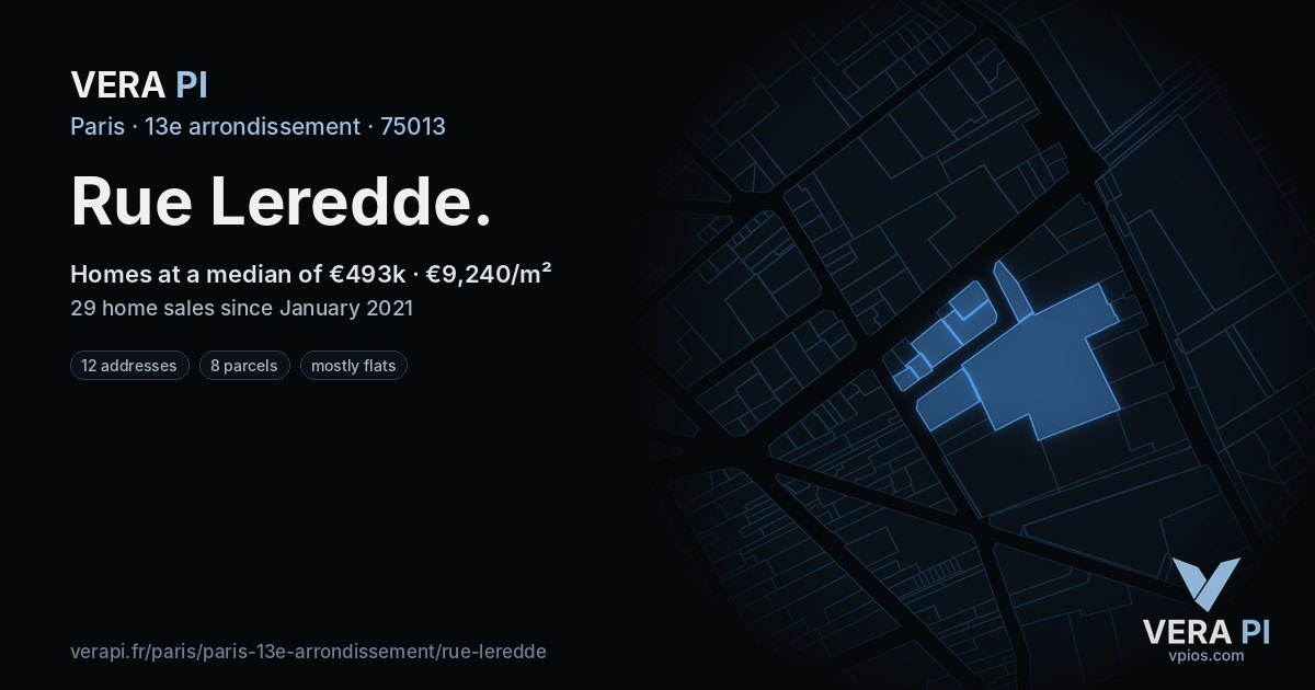 Rue Leredde, 13e arrondissement at night – every parcel coloured by the prices around it, the street's own parcels lit