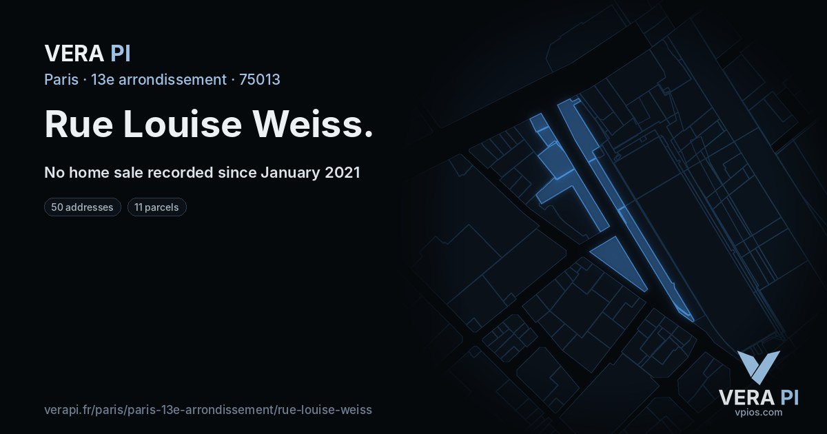 Rue Louise Weiss, 13e arrondissement at night – every parcel coloured by the prices around it, the street's own parcels lit