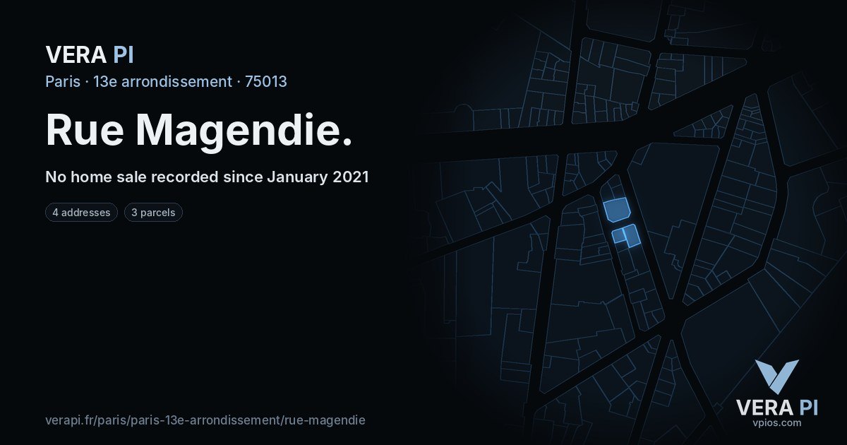 Rue Magendie, 13e arrondissement at night – every parcel coloured by the prices around it, the street's own parcels lit