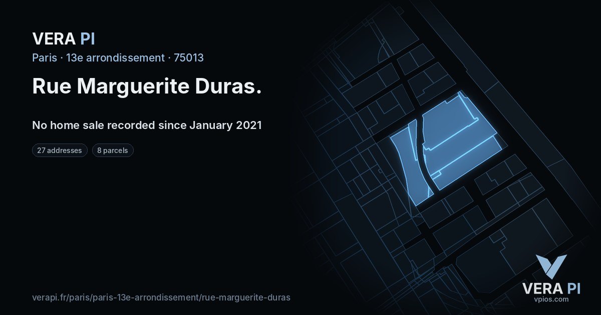 Rue Marguerite Duras, 13e arrondissement at night – every parcel coloured by the prices around it, the street's own parcels lit
