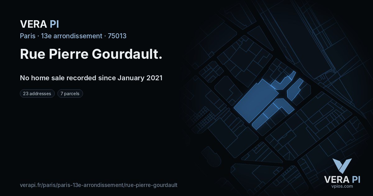 Rue Pierre Gourdault, 13e arrondissement at night – every parcel coloured by the prices around it, the street's own parcels lit