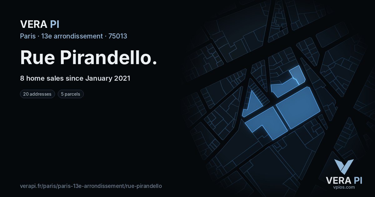 Rue Pirandello, 13e arrondissement at night – every parcel coloured by the prices around it, the street's own parcels lit