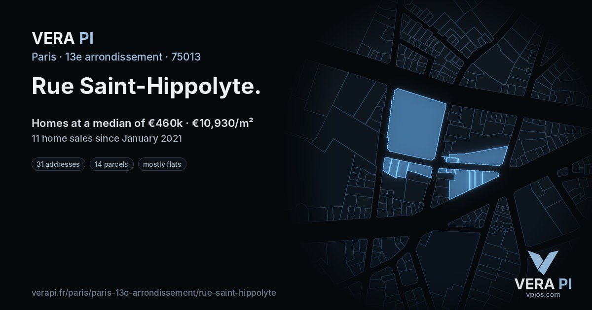 Rue Saint-Hippolyte, 13e arrondissement at night – every parcel coloured by the prices around it, the street's own parcels lit