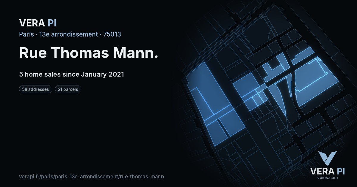 Rue Thomas Mann, 13e arrondissement at night – every parcel coloured by the prices around it, the street's own parcels lit