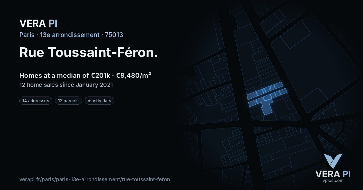 Rue Toussaint-Féron, 13e arrondissement at night – every parcel coloured by the prices around it, the street's own parcels lit