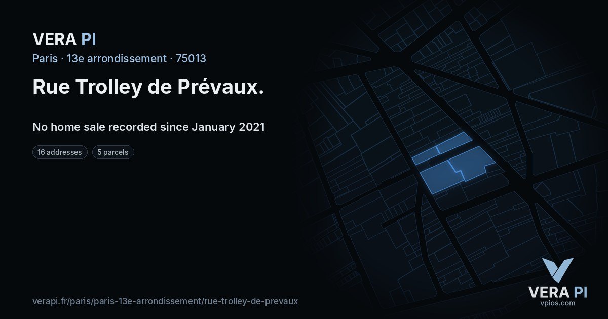 Rue Trolley de Prévaux, 13e arrondissement at night – every parcel coloured by the prices around it, the street's own parcels lit