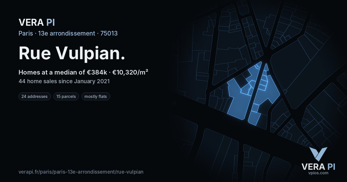 Rue Vulpian, 13e arrondissement at night – every parcel coloured by the prices around it, the street's own parcels lit