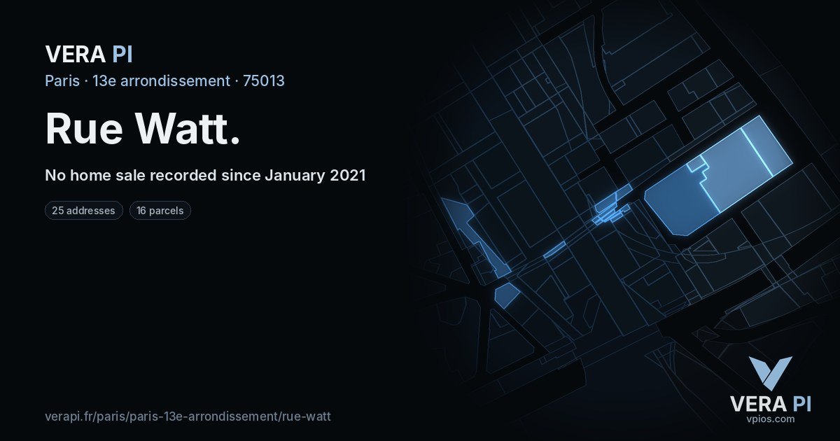 Rue Watt, 13e arrondissement at night – every parcel coloured by the prices around it, the street's own parcels lit