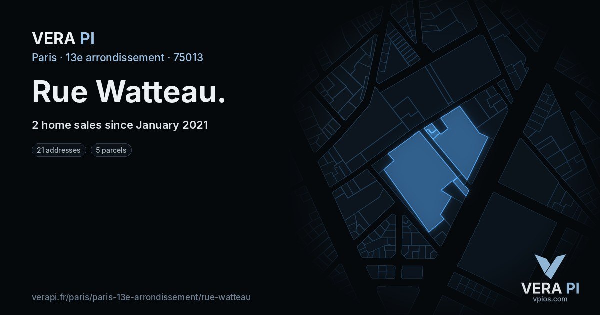 Rue Watteau, 13e arrondissement at night – every parcel coloured by the prices around it, the street's own parcels lit