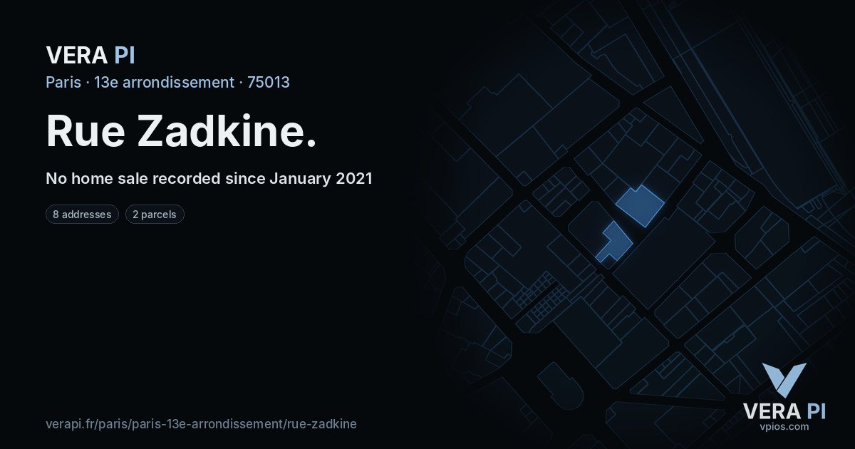 Rue Zadkine, 13e arrondissement at night – every parcel coloured by the prices around it, the street's own parcels lit
