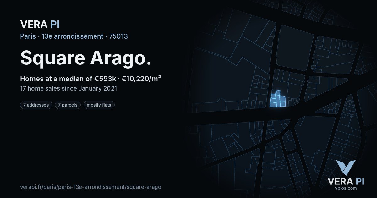 Square Arago, 13e arrondissement at night – every parcel coloured by the prices around it, the street's own parcels lit