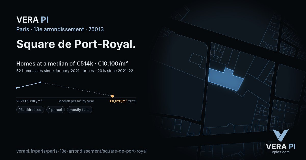 Square de Port-Royal, 13e arrondissement at night – every parcel coloured by the prices around it, the street's own parcels lit