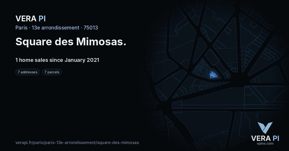 Square des Mimosas, 13e arrondissement at night – every parcel coloured by the prices around it, the street's own parcels lit