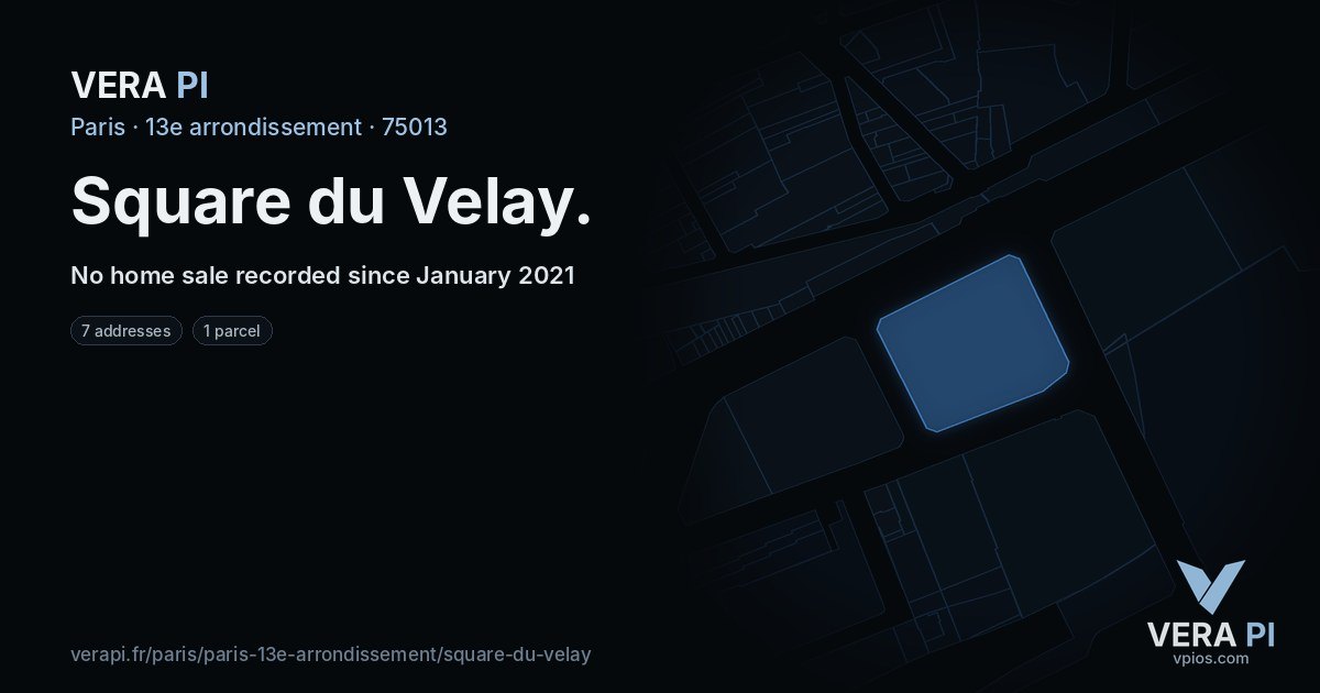 Square du Velay, 13e arrondissement at night – every parcel coloured by the prices around it, the street's own parcels lit