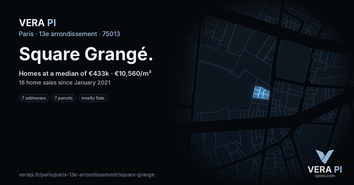 Square Grangé, 13e arrondissement at night – every parcel coloured by the prices around it, the street's own parcels lit