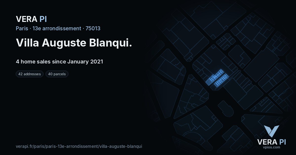 Villa Auguste Blanqui, 13e arrondissement at night – every parcel coloured by the prices around it, the street's own parcels lit