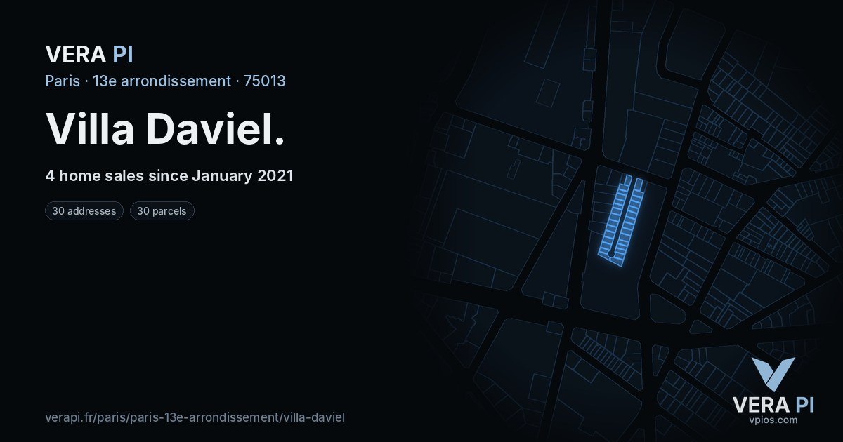 Villa Daviel, 13e arrondissement at night – every parcel coloured by the prices around it, the street's own parcels lit