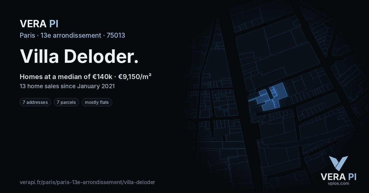 Villa Deloder, 13e arrondissement at night – every parcel coloured by the prices around it, the street's own parcels lit