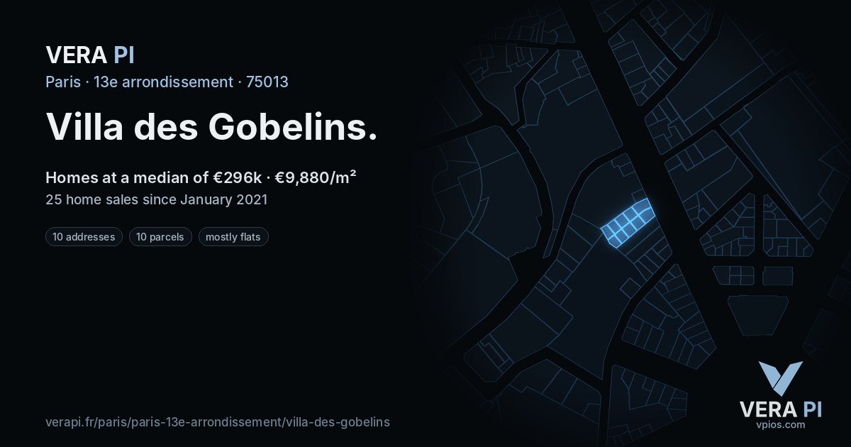 Villa des Gobelins, 13e arrondissement at night – every parcel coloured by the prices around it, the street's own parcels lit