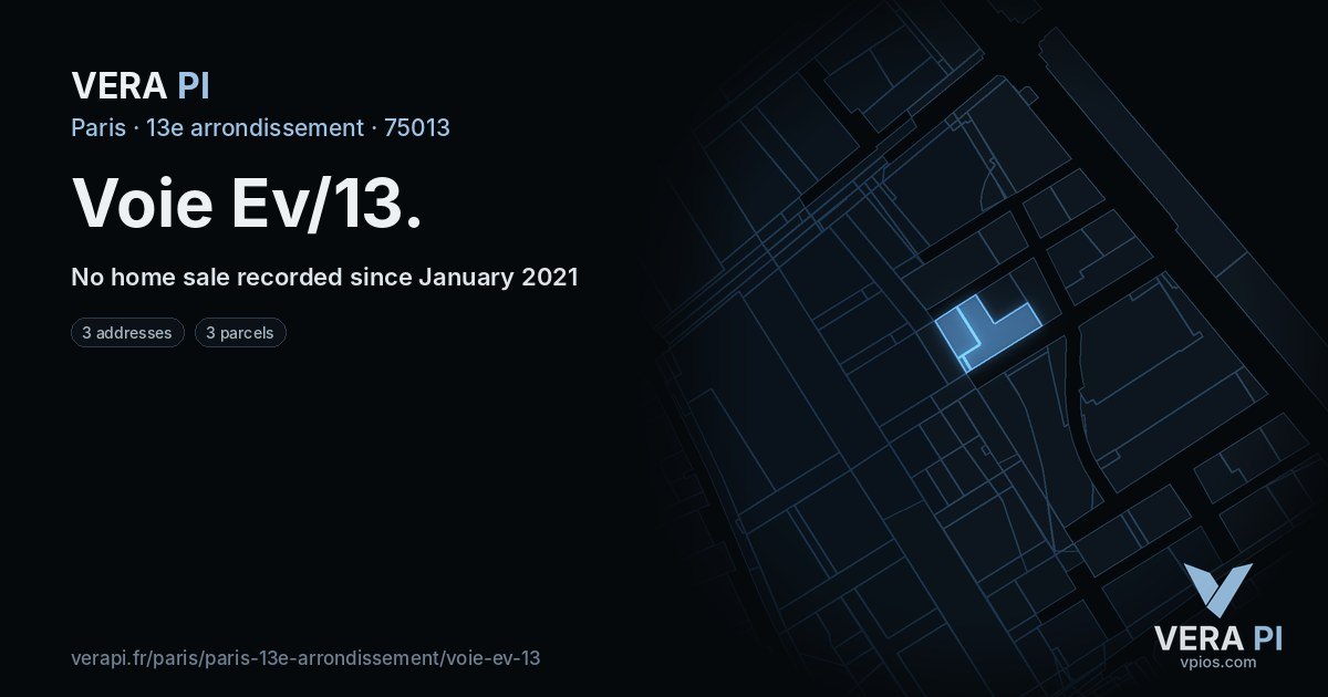 Voie Ev/13, 13e arrondissement at night – every parcel coloured by the prices around it, the street's own parcels lit