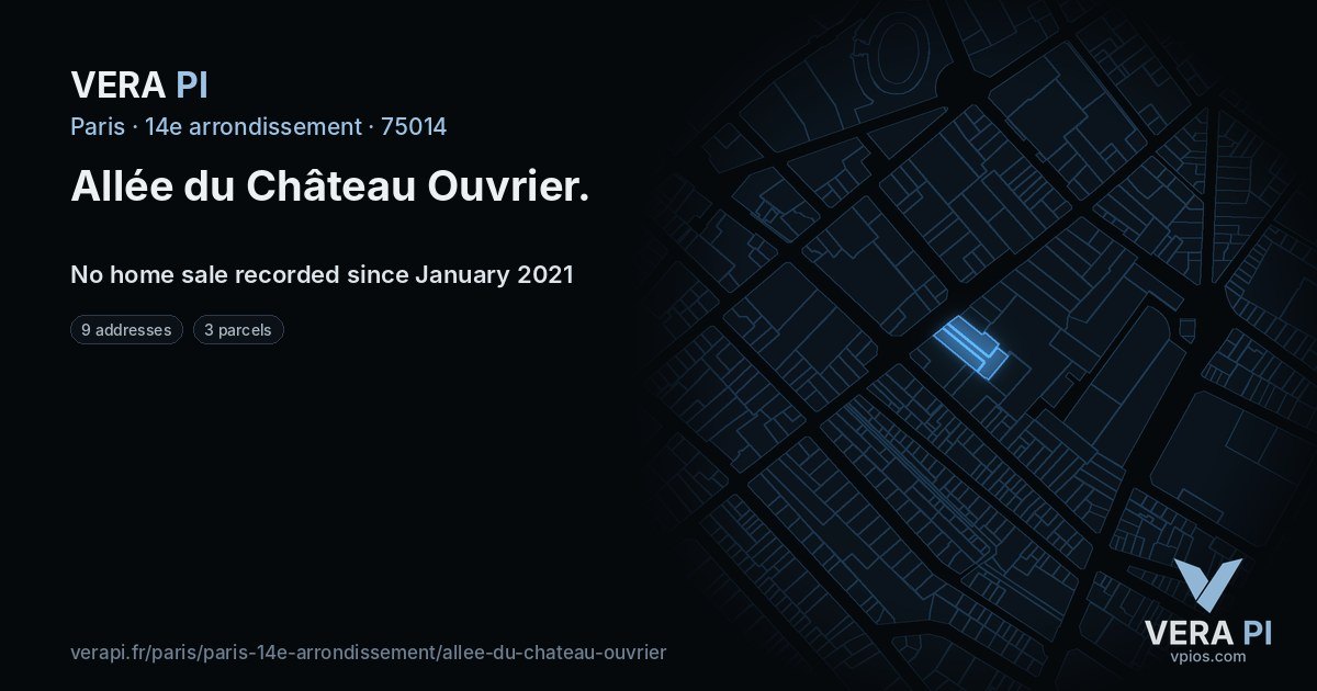 Allée du Château Ouvrier, 14e arrondissement at night – every parcel coloured by the prices around it, the street's own parcels lit