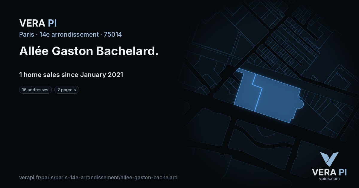 Allée Gaston Bachelard, 14e arrondissement at night – every parcel coloured by the prices around it, the street's own parcels lit