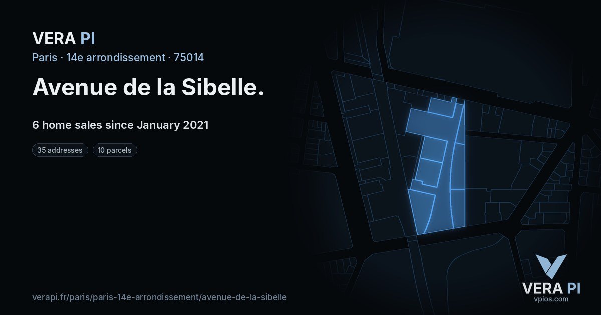 Avenue de la Sibelle, 14e arrondissement at night – every parcel coloured by the prices around it, the street's own parcels lit