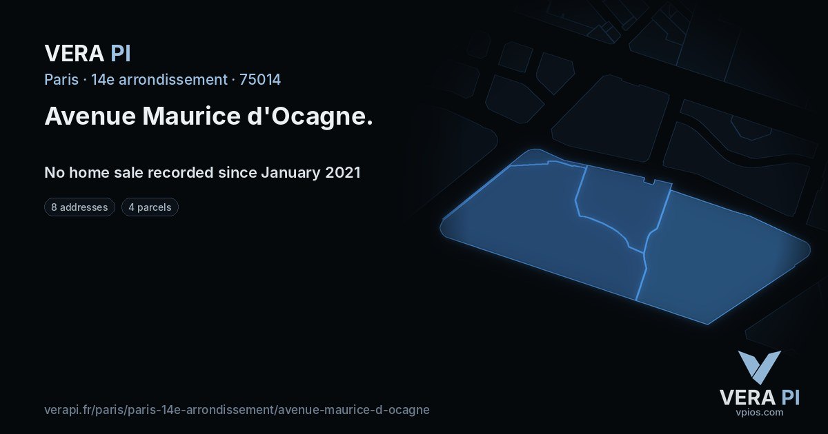 Avenue Maurice d'Ocagne, 14e arrondissement at night – every parcel coloured by the prices around it, the street's own parcels lit