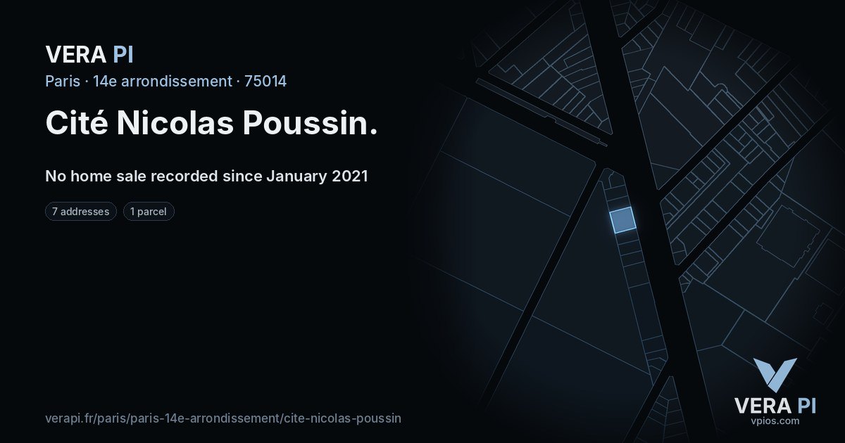 Cité Nicolas Poussin, 14e arrondissement at night – every parcel coloured by the prices around it, the street's own parcels lit