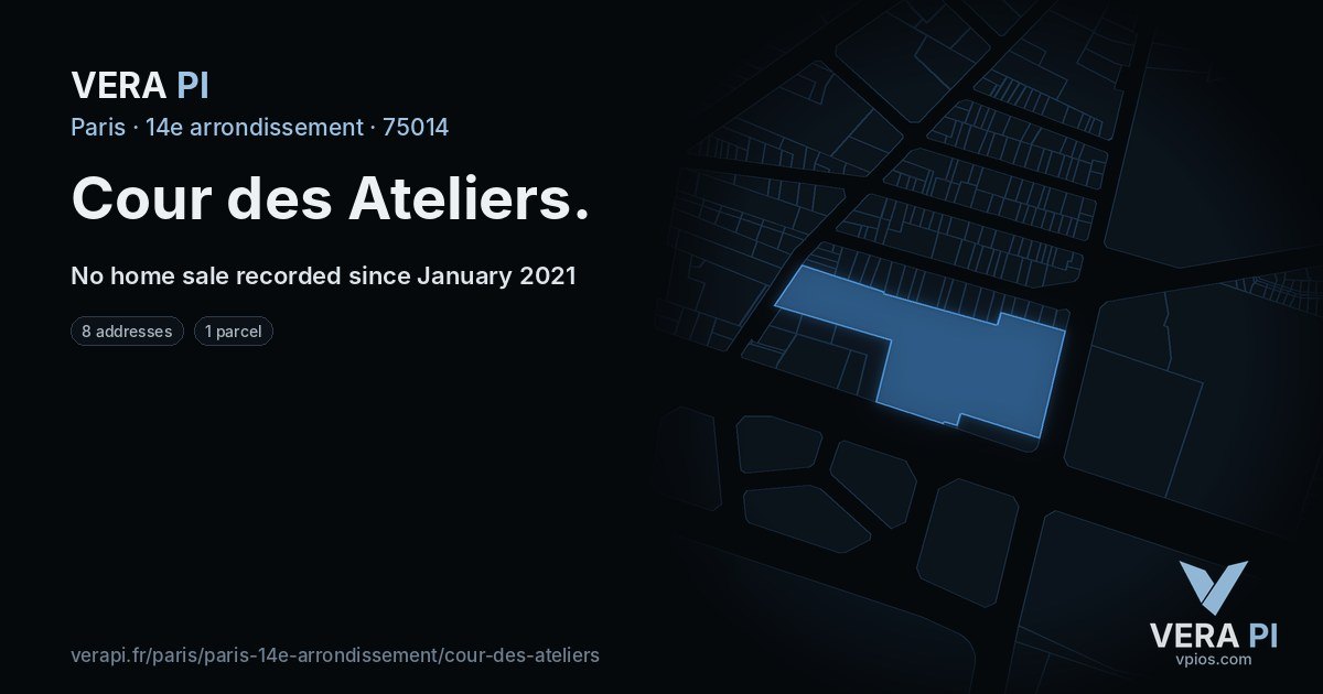 Cour des Ateliers, 14e arrondissement at night – every parcel coloured by the prices around it, the street's own parcels lit