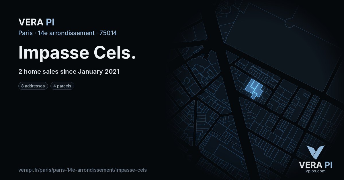 Impasse Cels, 14e arrondissement at night – every parcel coloured by the prices around it, the street's own parcels lit