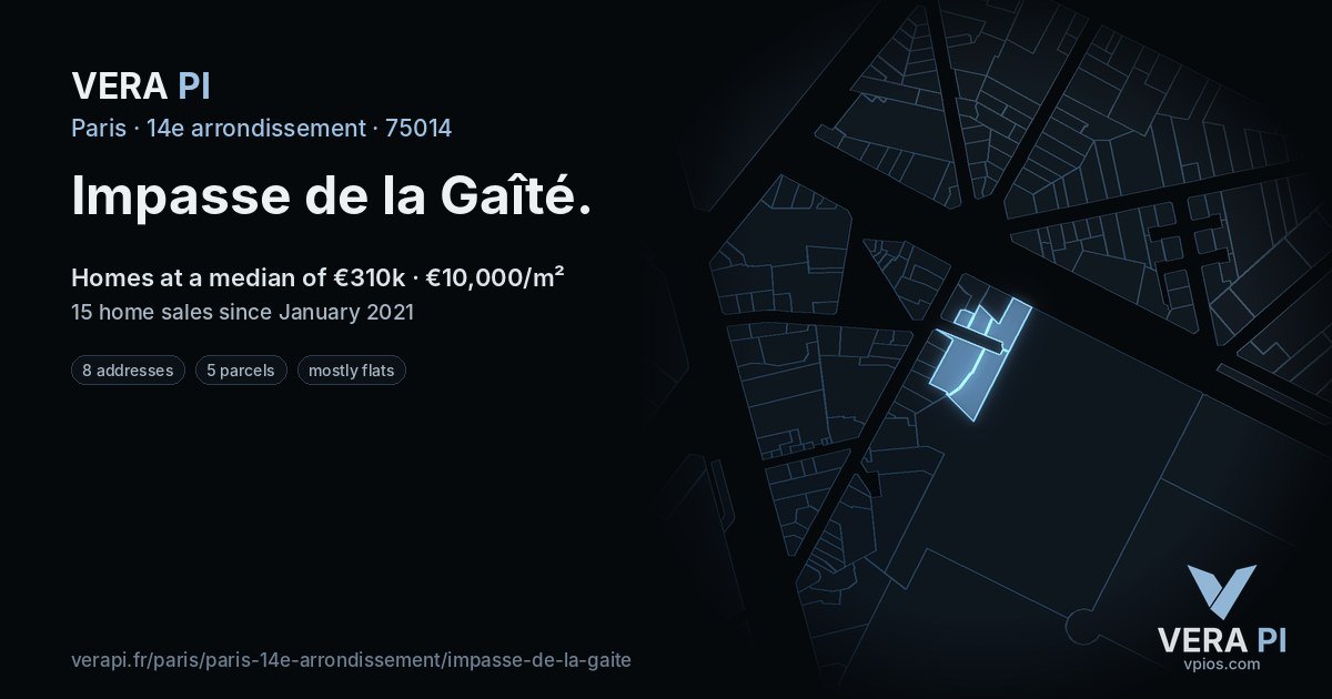 Impasse de la Gaîté, 14e arrondissement at night – every parcel coloured by the prices around it, the street's own parcels lit