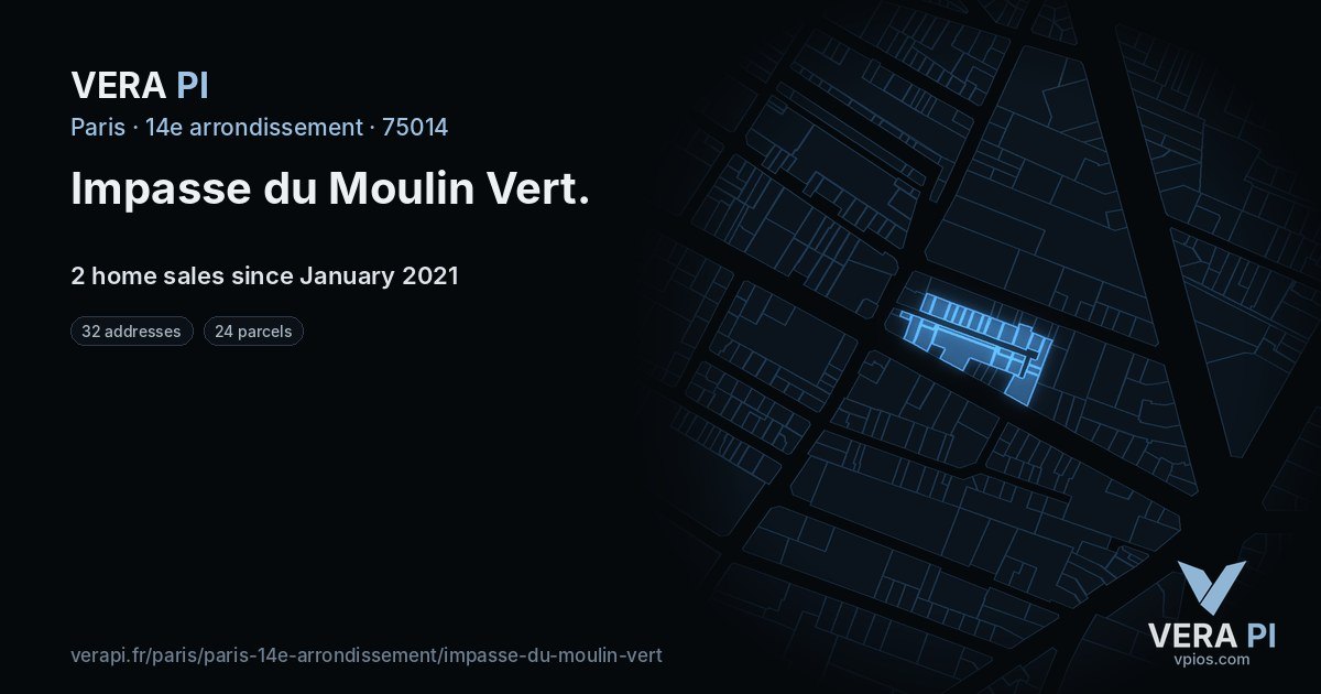 Impasse du Moulin Vert, 14e arrondissement at night – every parcel coloured by the prices around it, the street's own parcels lit
