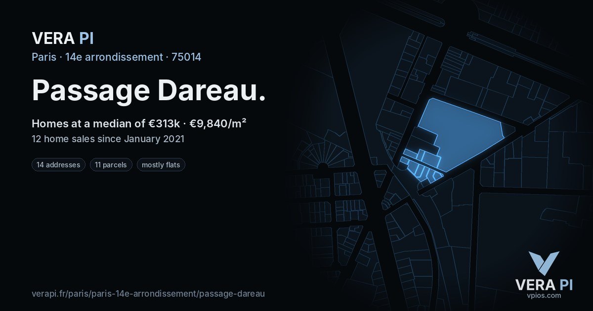 Passage Dareau, 14e arrondissement at night – every parcel coloured by the prices around it, the street's own parcels lit