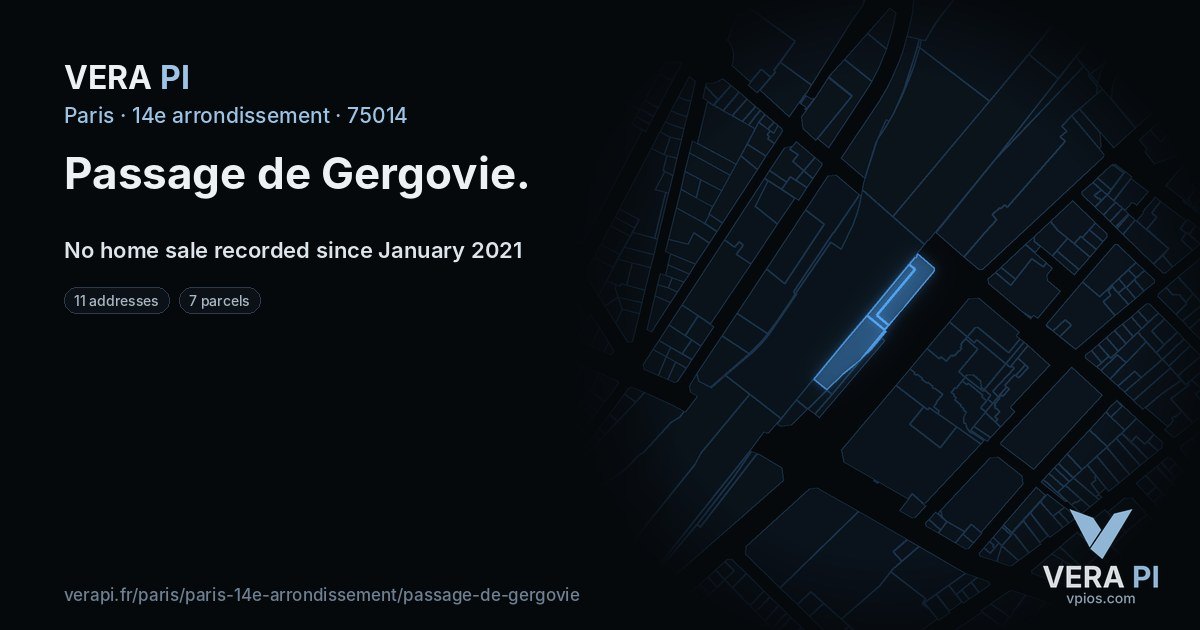Passage de Gergovie, 14e arrondissement at night – every parcel coloured by the prices around it, the street's own parcels lit