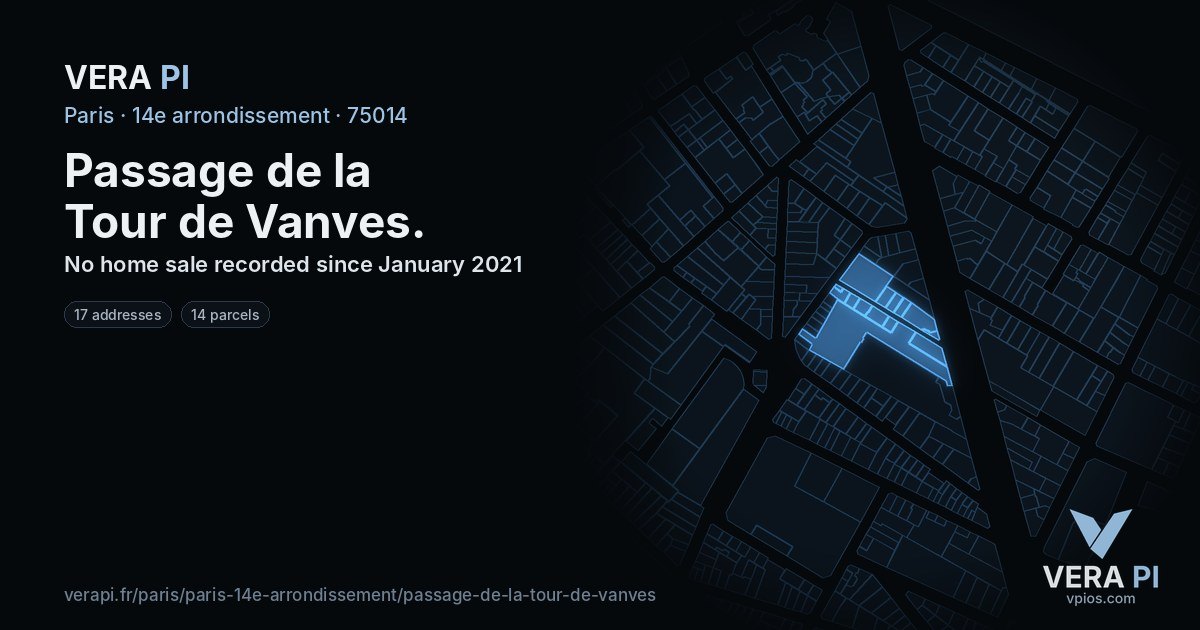 Passage de la Tour de Vanves, 14e arrondissement at night – every parcel coloured by the prices around it, the street's own parcels lit