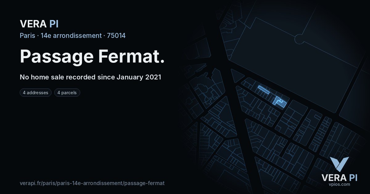 Passage Fermat, 14e arrondissement at night – every parcel coloured by the prices around it, the street's own parcels lit