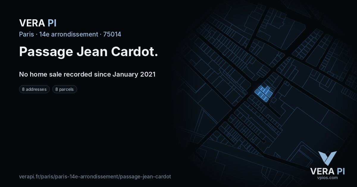 Passage Jean Cardot, 14e arrondissement at night – every parcel coloured by the prices around it, the street's own parcels lit