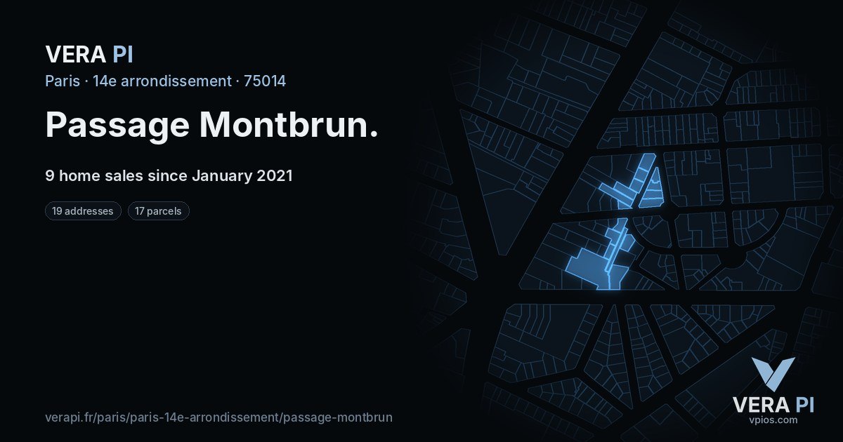 Passage Montbrun, 14e arrondissement at night – every parcel coloured by the prices around it, the street's own parcels lit