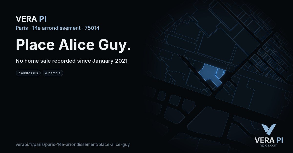 Place Alice Guy, 14e arrondissement at night – every parcel coloured by the prices around it, the street's own parcels lit